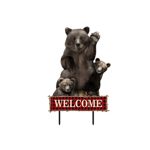 Briarwood Lane Black Bear Welcome Metal Art sign with three bears on a red background.