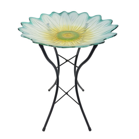 Briarwood Lane Daisy Glass Bird Bath with white, yellow, and green glass flower design on stand.