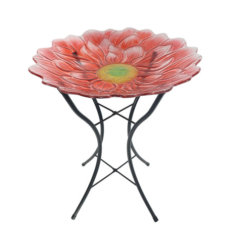 Briarwood Lane Red Daisy Glass Birdbath with black metal stand and vibrant yellow center details.