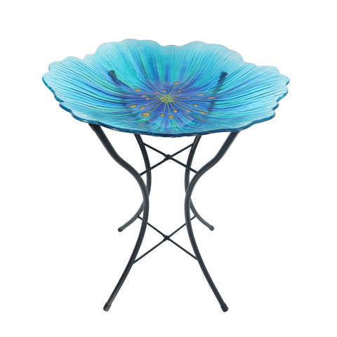 Briarwood Lane Blue Pansy Glass Birdbath with black metal stand and vibrant blue floral design.