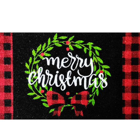 Briarwood Lane Christmas Wreath Medium Coir Doormat 24 x 36 with red plaid border.