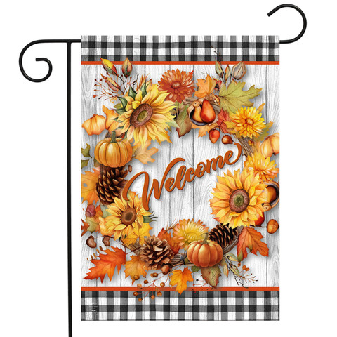 Briarwood Lane Welcome Fall Wreath Garden Flag with sunflowers, pumpkins, and orange leaves.