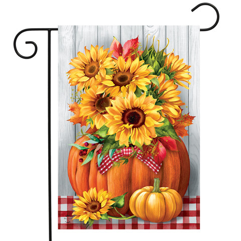 Briarwood Lane Sunflowers in Pumpkin Garden Flag with yellow sunflowers and orange pumpkins on red plaid.