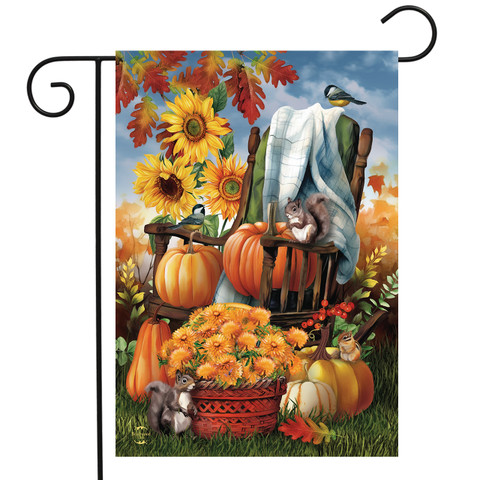 Briarwood Lane Fall Chair Garden Flag with pumpkins, sunflowers, and autumn leaves design.