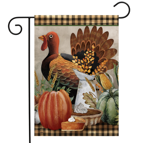 Briarwood Lane Primitive Thanksgiving Garden Flag with turkey, pumpkin, and corn on plaid background.