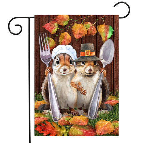 Briarwood Lane Thankful Chipmunks Garden Flag with autumn leaves and utensils decoration.