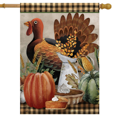 Briarwood Lane Primitive Thanksgiving House Flag with turkey, pumpkins, and plaid background design.