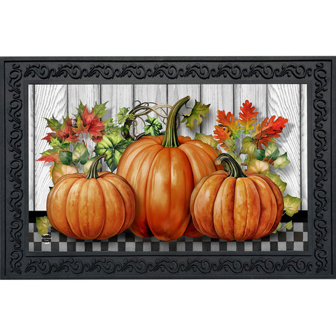 Country Pumpkins Doormat with orange pumpkins, fall leaves on gray background with black decorative border.