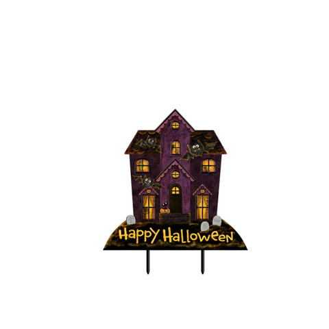 Purple Spooky House Metal Art with yellow windows and Happy Halloween text on a lawn stake.