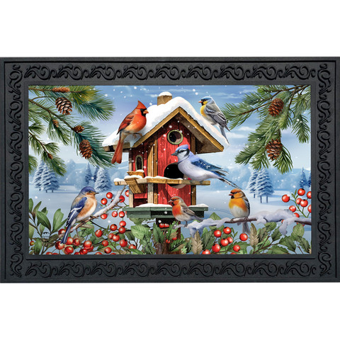 Winter Birdhouse Gathering Doormat with colorful birds and red birdhouse on snowy winter scene background.