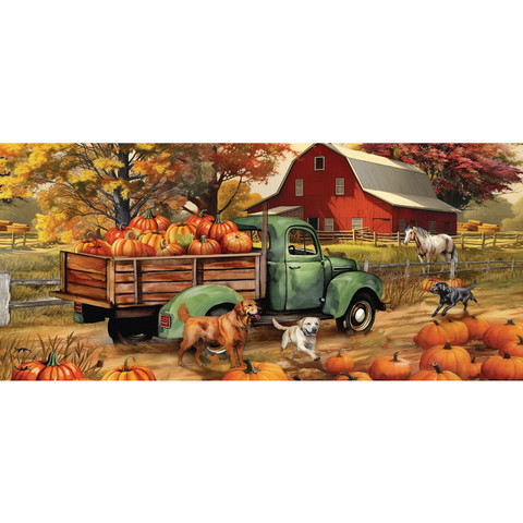 Autumn Farm Mini Mat, green truck with pumpkins and dogs on a farm scene background.