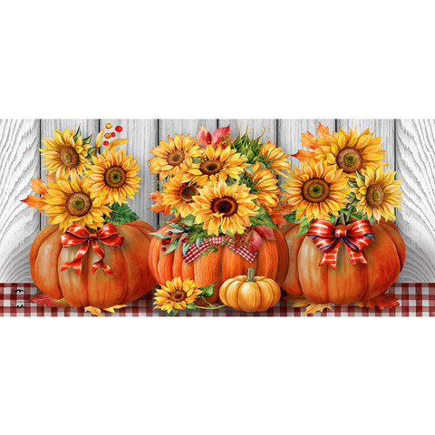 Sunflowers in Pumpkins Mini Mat with orange sunflowers and pumpkins on a red plaid background.