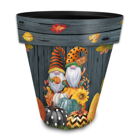 Large Fall Gnomes planter with colorful gnomes, pumpkins, and sunflowers on a dark wood background.