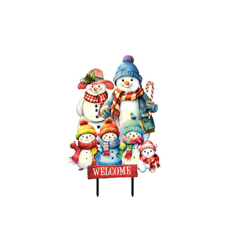 Snow Family Metal Art, colorful snowmen and snowkids on a welcome sign, metal yard decoration.