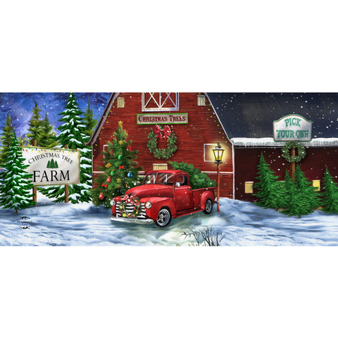 Christmas Tree Farm Mini Mat, red truck with tree in front of rustic barn, snowy landscape.