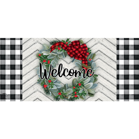 Winter Wreath Mini Mat with Welcome text, red bow, greenery, and red berries on white background.