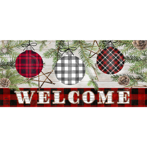 Patterned Ornaments Mini Mat with red, black and white plaid ornaments and welcome text on wood.