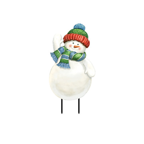 Snow Time Snowman Metal Art, white snowman with red, green, and blue hat and scarf.