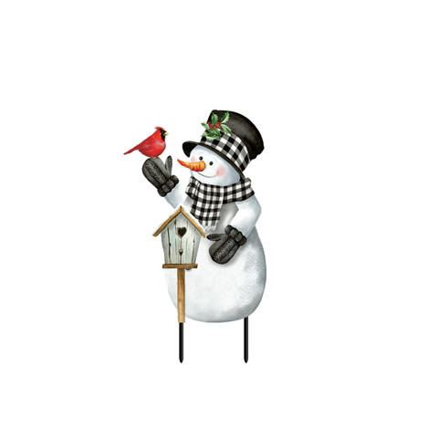 Checkered Snowman Metal Art with bird and birdhouse, black hat, scarf, and gloves on white background.
