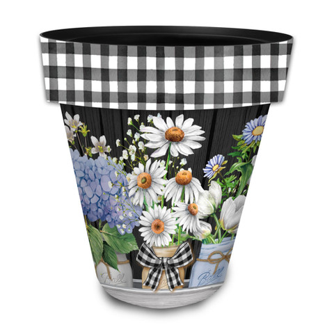 Crated Mason Jars Large Planter with black and white gingham trim and colorful floral design.