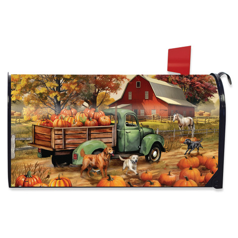 Autumn Farm Oversized Mailbox Cover with green truck, pumpkins, dogs, and red barn scene.