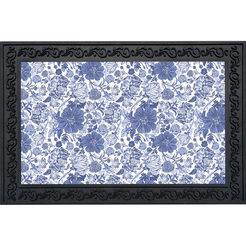 Blue and white floral doormat with intricate design and black border, decorative rectangular welcome mat.
