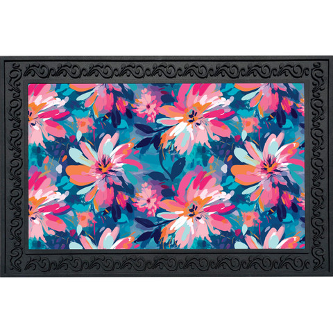 Vibrant floral doormat with pink, orange, and white flowers on a blue background with black border.