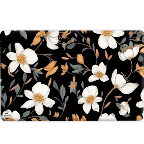 Elegant Flowers Comfort Mat, white flowers with yellow centers and gray leaves on black background.