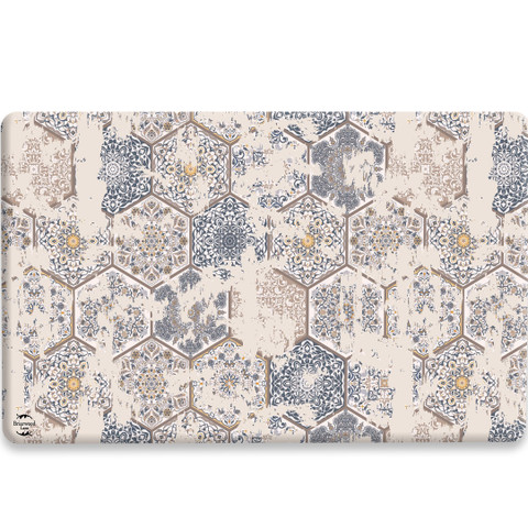 Vintage Patchwork Comfort Mat with hexagonal floral pattern in blue, beige, and yellow on cream background.