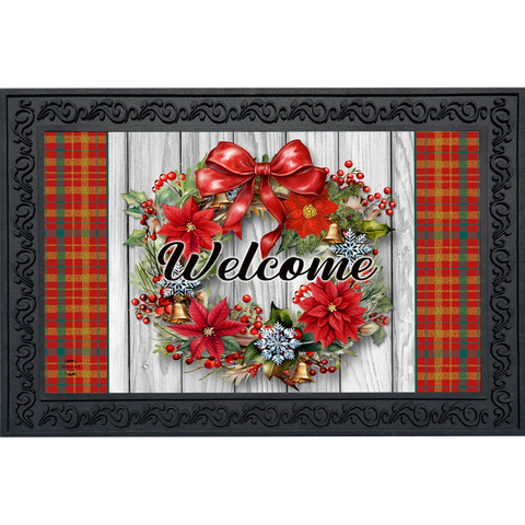 Holiday Poinsettia Wreath Doormat with red flowers, green leaves, and Welcome text on wood background.