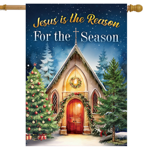 Reason For the Season Church House Flag, Christmas church with tree and snow, festive holiday decoration.