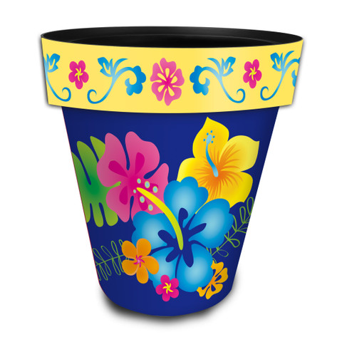 Hello Sunshine Large Planter, blue with colorful floral design and yellow decorative border.