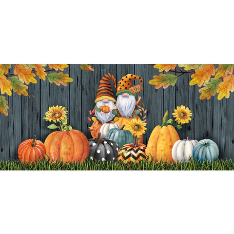 Fall Gnomes Mini Mat with gnomes, pumpkins, and sunflowers on a wooden fence background.