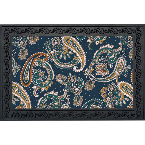 Paisley Doormat with navy blue background, orange, white, and green paisley floral pattern on black base.