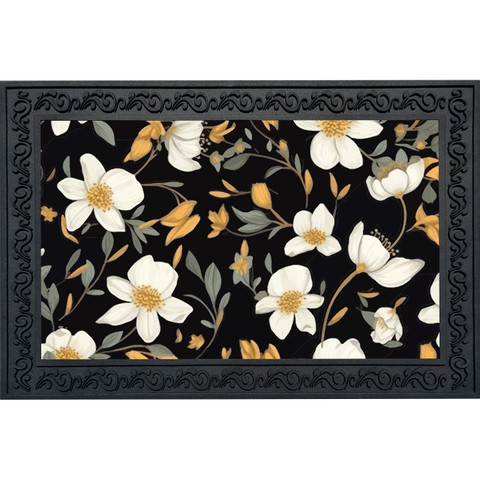 Elegant Flowers Doormat with white flowers, yellow centers, and green leaves on black background with border.
