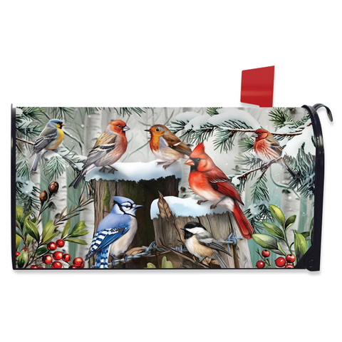 Winter Woodland Birds Mailbox Cover with colorful birds, snow, and pine branches on a white background.