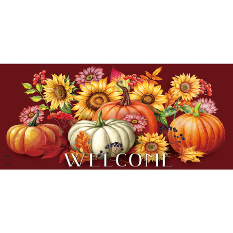 Fall Beauty Mini Mat with pumpkins, sunflowers, and flowers on a maroon background with welcome text.