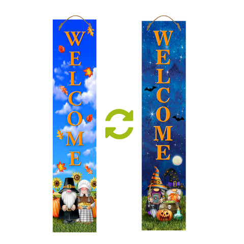 Reversible porch leaner with Halloween and Thanksgiving gnomes, Welcome sign, colorful designs on both sides.