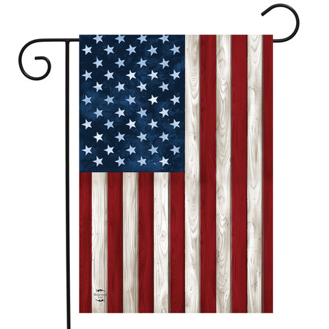 Wood American Flag garden flag with red, white, and blue colors and white stars displayed.