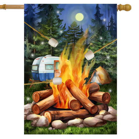 Roasting Marshmallows House Flag depicting camping scene with campfire, marshmallows, tent, and camper under moonlight.