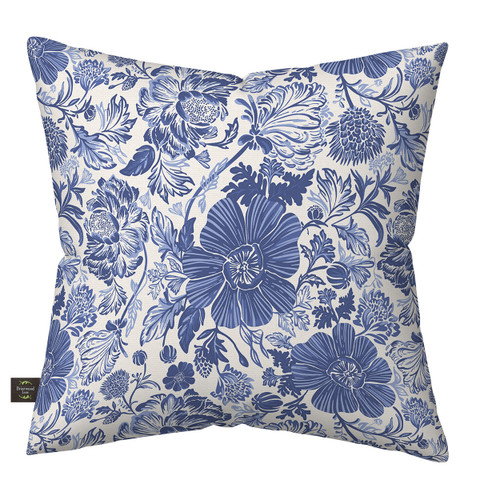 Blue and white floral burlap pillow with large blue flowers on a white background.