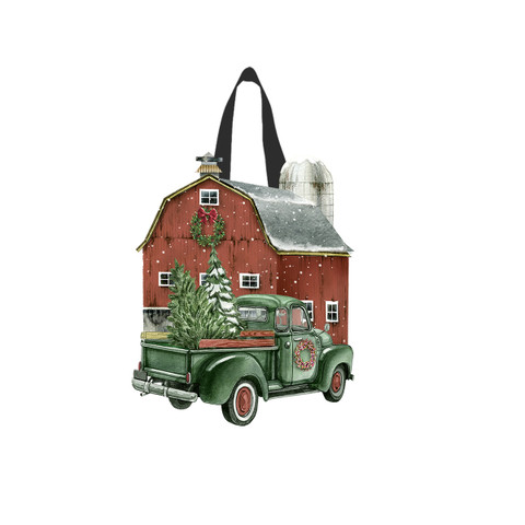 Green vintage truck with Christmas tree in front of red barn on Christmas wood door hanger.