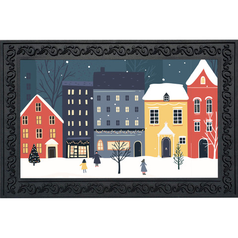 Snow Day Doormat with colorful winter village scene and snow-covered houses in a black frame.