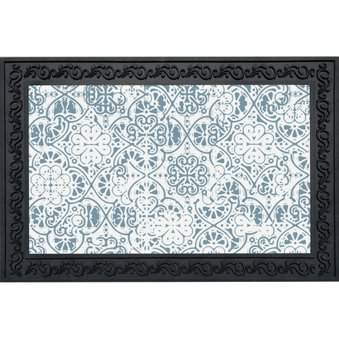 Ornamental blue and white doormat with black border and floral pattern design.