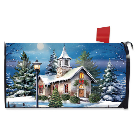 Holy Night Oversized Mailbox Cover with snowy church scene and Christmas decorations on a white background.
