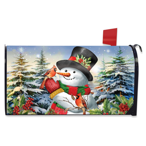 Winter Friends Snowman Mailbox Cover with snowman, hat, scarf, and winter scenery design.