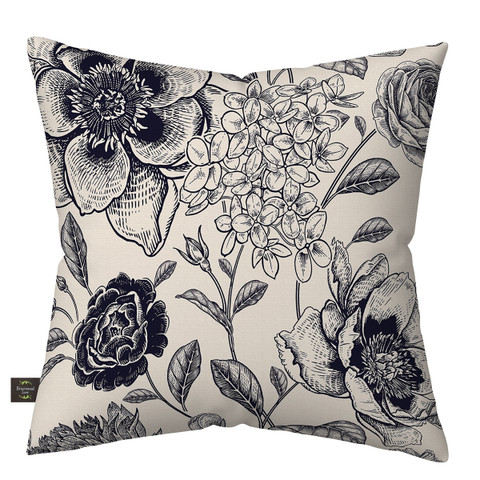 Woodcut Floral Burlap Pillow, black and white floral design on beige background, square decorative throw pillow.
