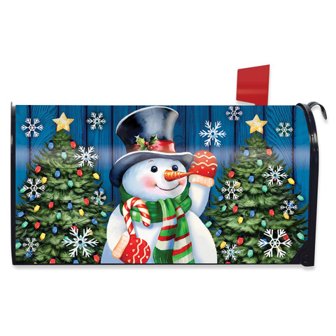 Candy Cane Snowman Mailbox Cover with Christmas trees, snowflakes, and festive hat and scarf.