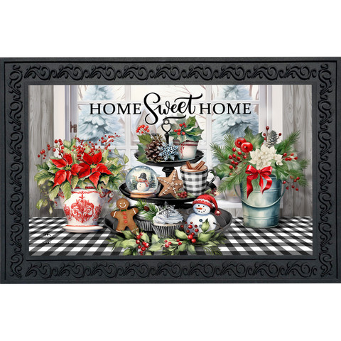 Winter Memories Doormat with festive holiday decorations and "Home Sweet Home" text on a black background.