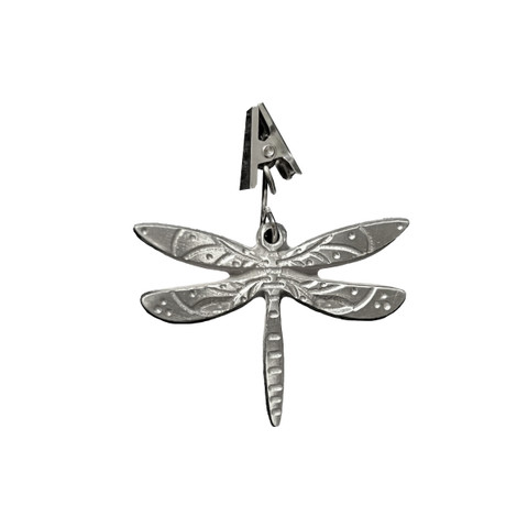 Metal dragonfly garden flag weight, silver, four winged insect decoration with hanging clip.